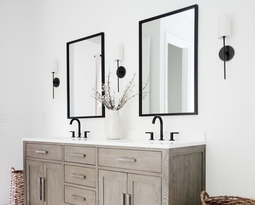 bathroom mirror and sconces with double vanity