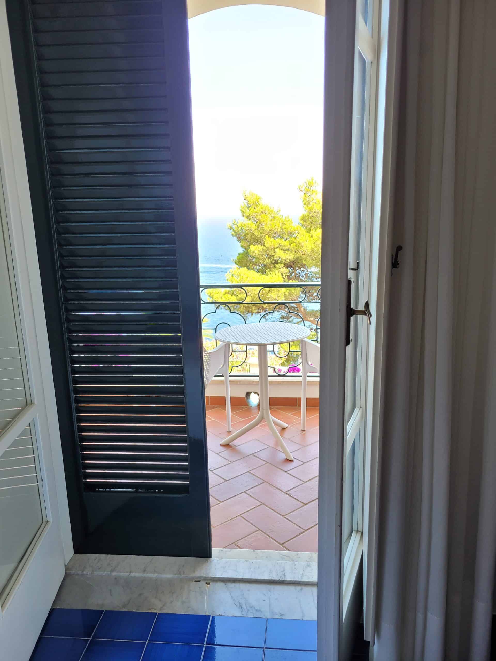 a door opened to show a beautiful landscape with ocean beyond